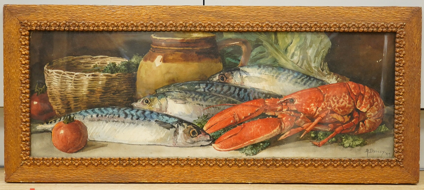 Dudley, watercolour, Still life of fish and lobster, signed and dated '99, 27 x 77cm, gilt frame. Condition - good